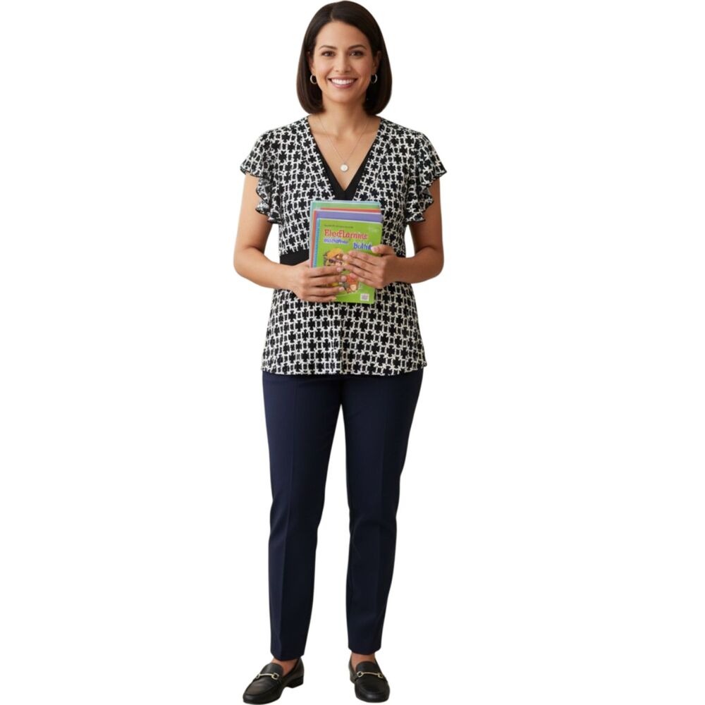 Kim Rogers Black and White Geometric V-Neck Blouse